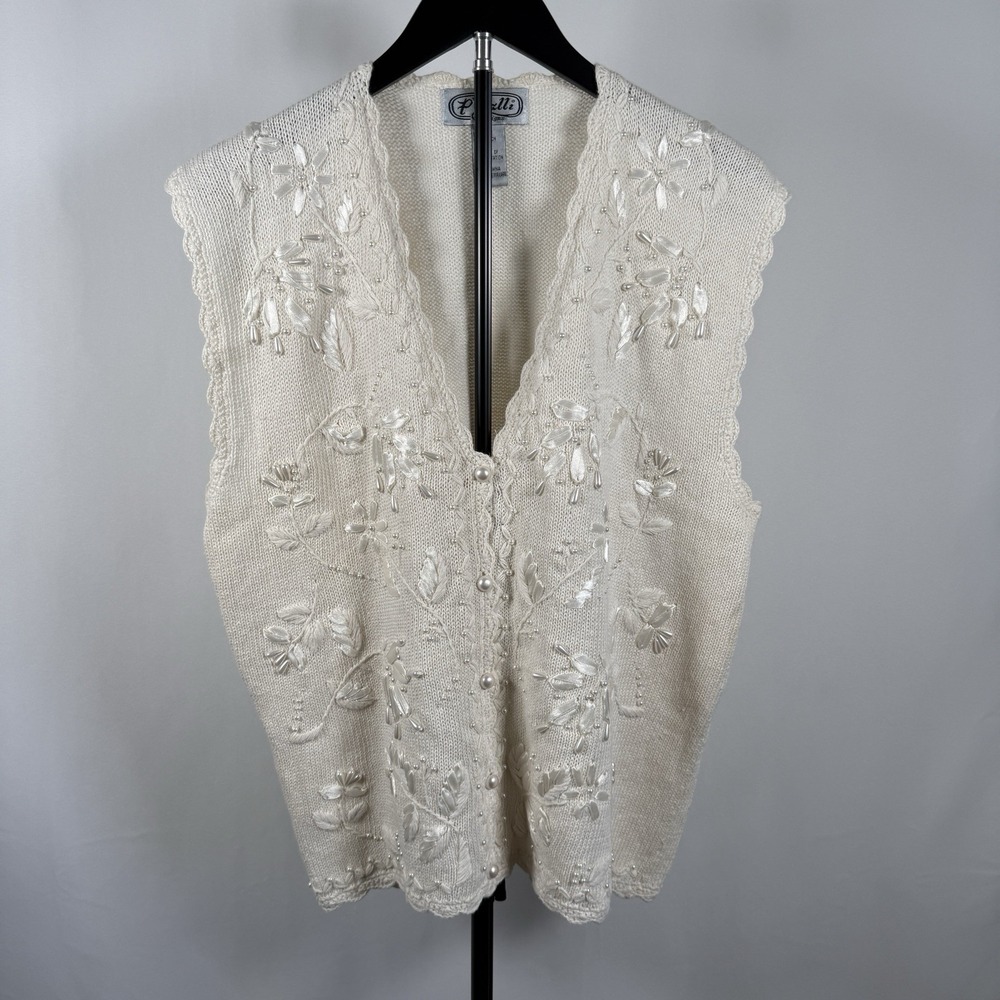 Women's Vintage P'Galli White Embroidered Beaded Vest Cottage Core Vest